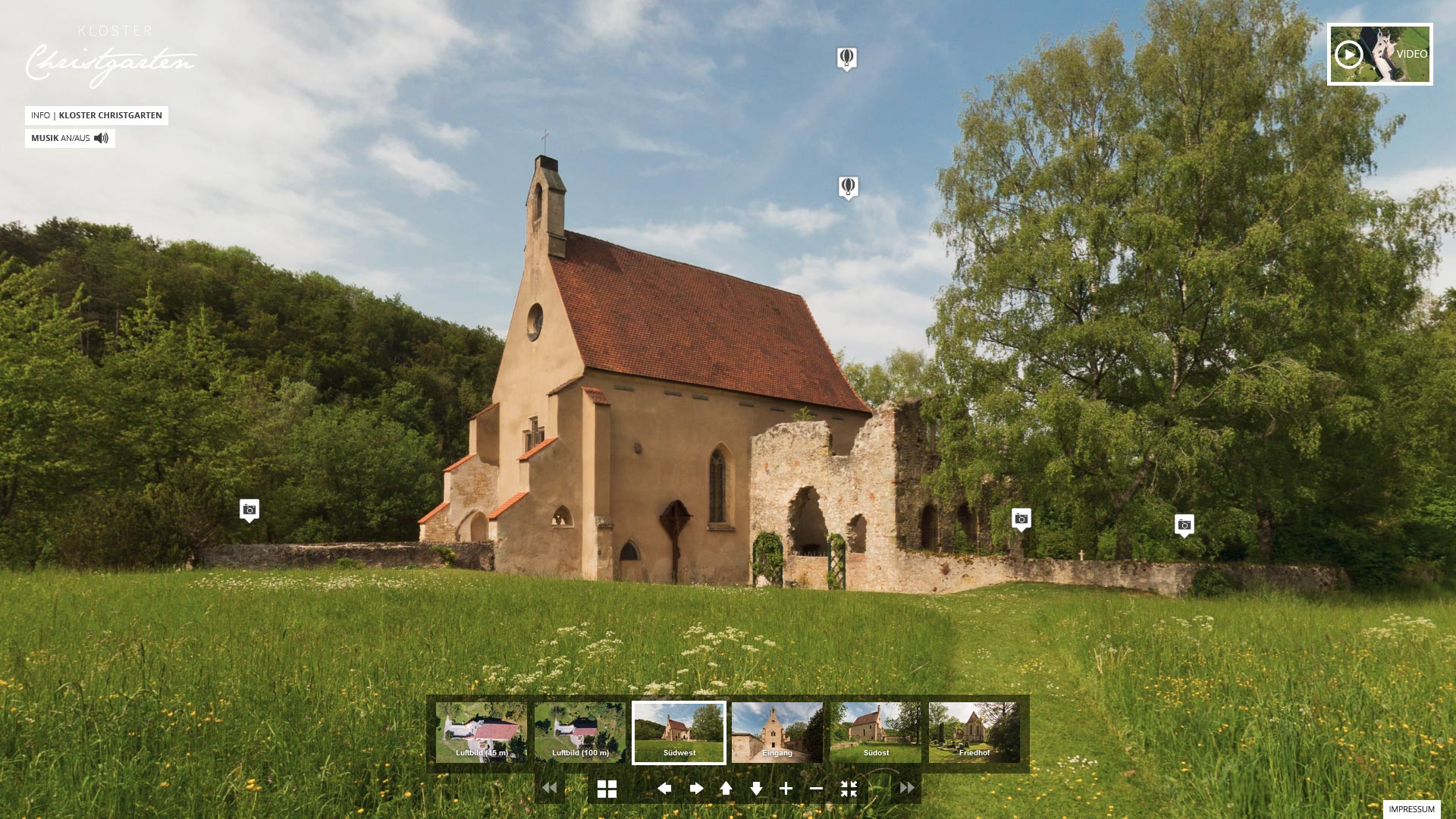 360 Grad Rundgang Kloster Christgarten mit Luftbildaufnahmen